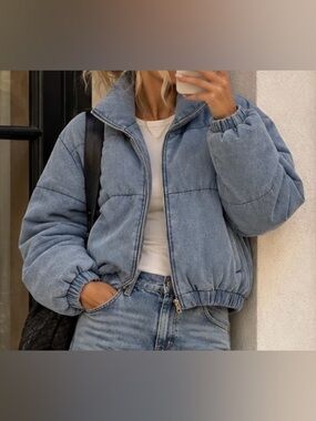 Angel Kiss Denim Puffer Jacket Blue L Y2K Acid Wash Oversized Streetwear